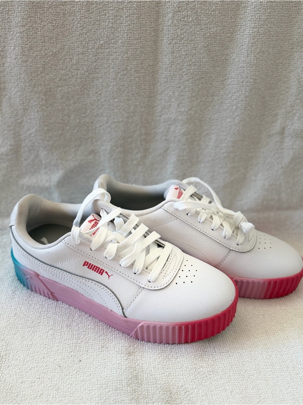 Puma White Sneakers with Pink-to-Teal Gradient Sole